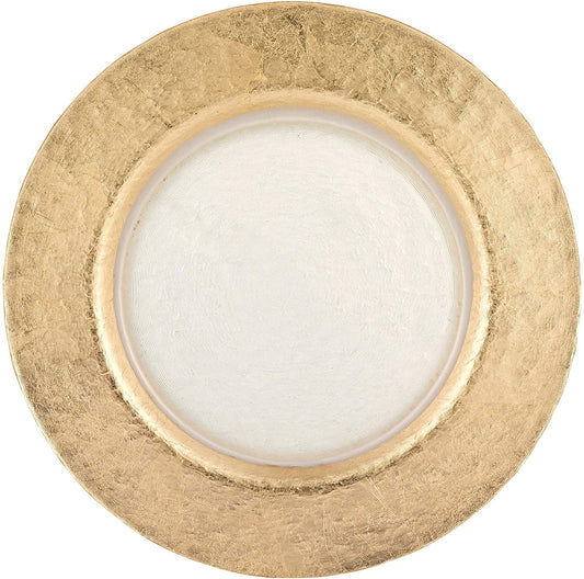 (D) Charger Plate Gold Leaf Round 13 inch Textured Glass, Wedding Dinnerware