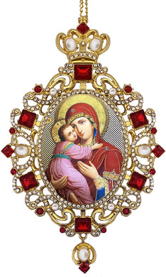 (D) Religious Gifts, Icon Pendant with Pearls and Crystals (Virgin of Vladimir)