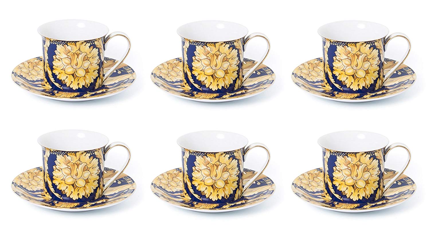 Royalty Porcelain Luxury Tea or Coffee Cup Set, 24K Gold (12 PC, Floral Blue)