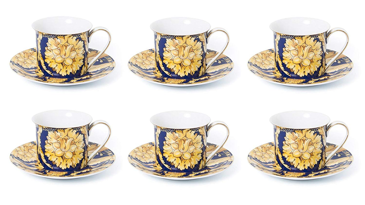 Royalty Porcelain Luxury Tea or Coffee Cup Set, 24K Gold (12 PC, Floral Blue)