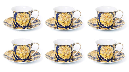 Royalty Porcelain Luxury Tea or Coffee Cup Set, 24K Gold (12 PC, Floral Blue)