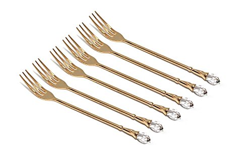 Royal 6pc 24K Gold Demi Forks Dessert Flatware Set with White Swarovski Stone