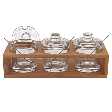 (D) Dip Spice Condiment With 3 Jars, 3 Spoons on a Brown Wood Stand Tray