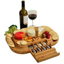 (D) Bamboo Cheese Board, Wooden Cheese Board Set with Cheese Knives 5 Pc Set