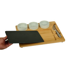 (D) Bamboo with Slate Cheese Board, Cheese Platter with Knife and Bowls Set of 6