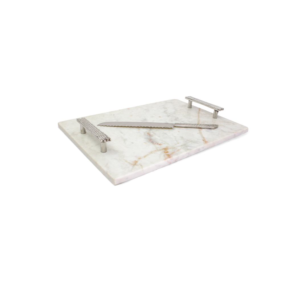 (D) Judaica Challah Board Marble with Handles for Shabbat (Silver)