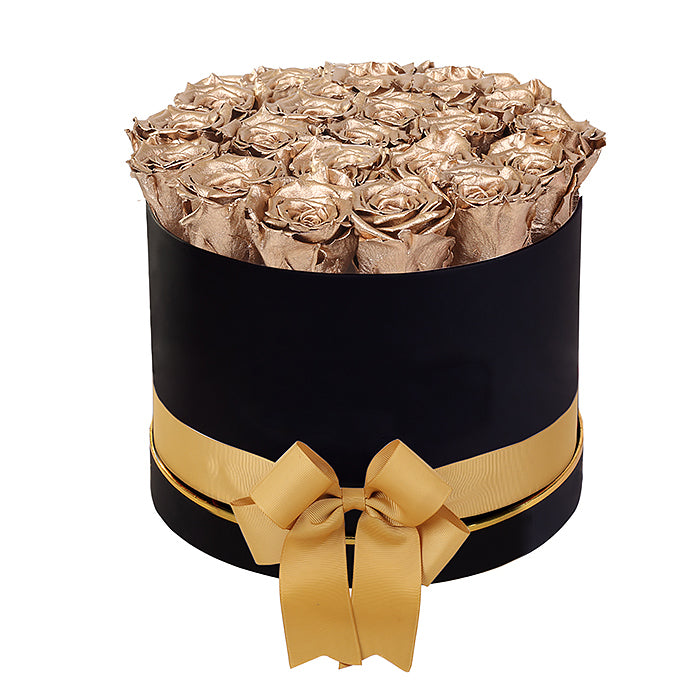 (D) Luxury Long Lasting Roses in a Black Box, Preserved Flowers Empire L (Gold)