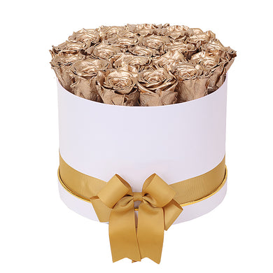 (D) Luxury Long Lasting Roses in a White Box, Preserved Flowers Empire L (Gold)