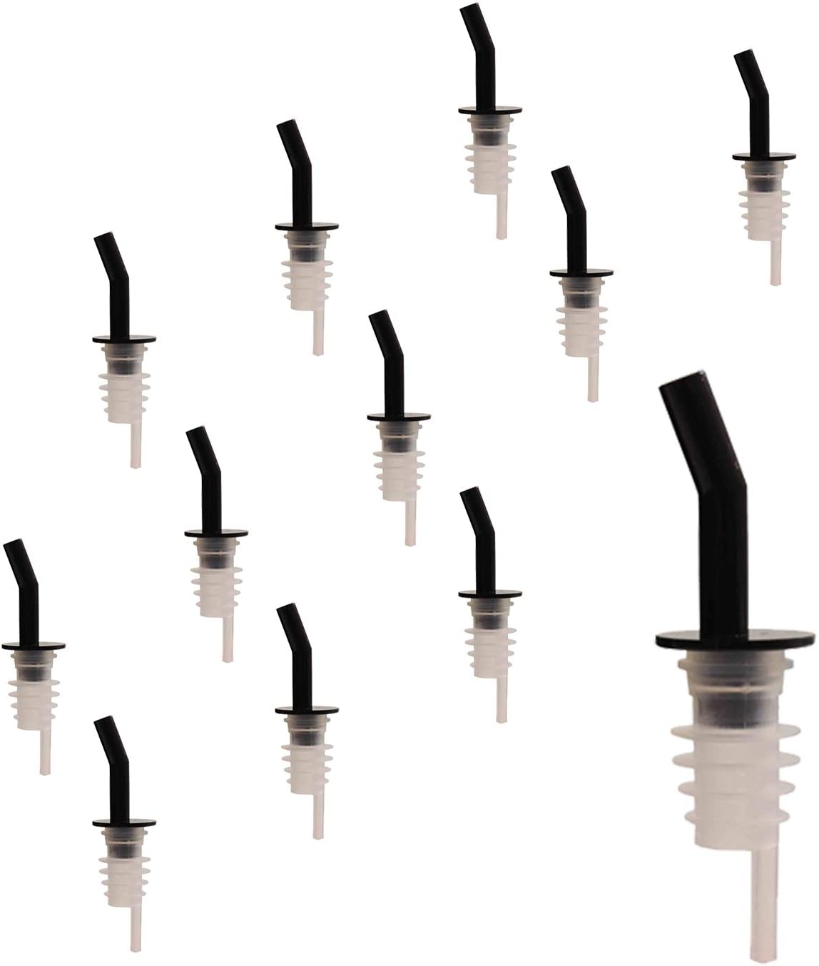 Even Flow Bottle Pourer With or Without Black Collar and Black, Clear, or Red Head, With Clear Tail, Barware 12 Pieces