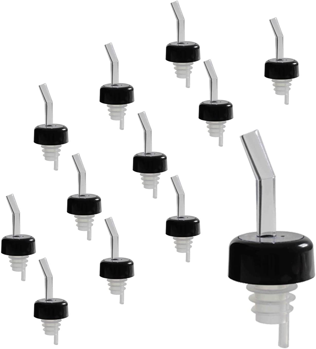 Even Flow Bottle Pourer With or Without Black Collar and Black, Clear, or Red Head, With Clear Tail, Barware 12 Pieces