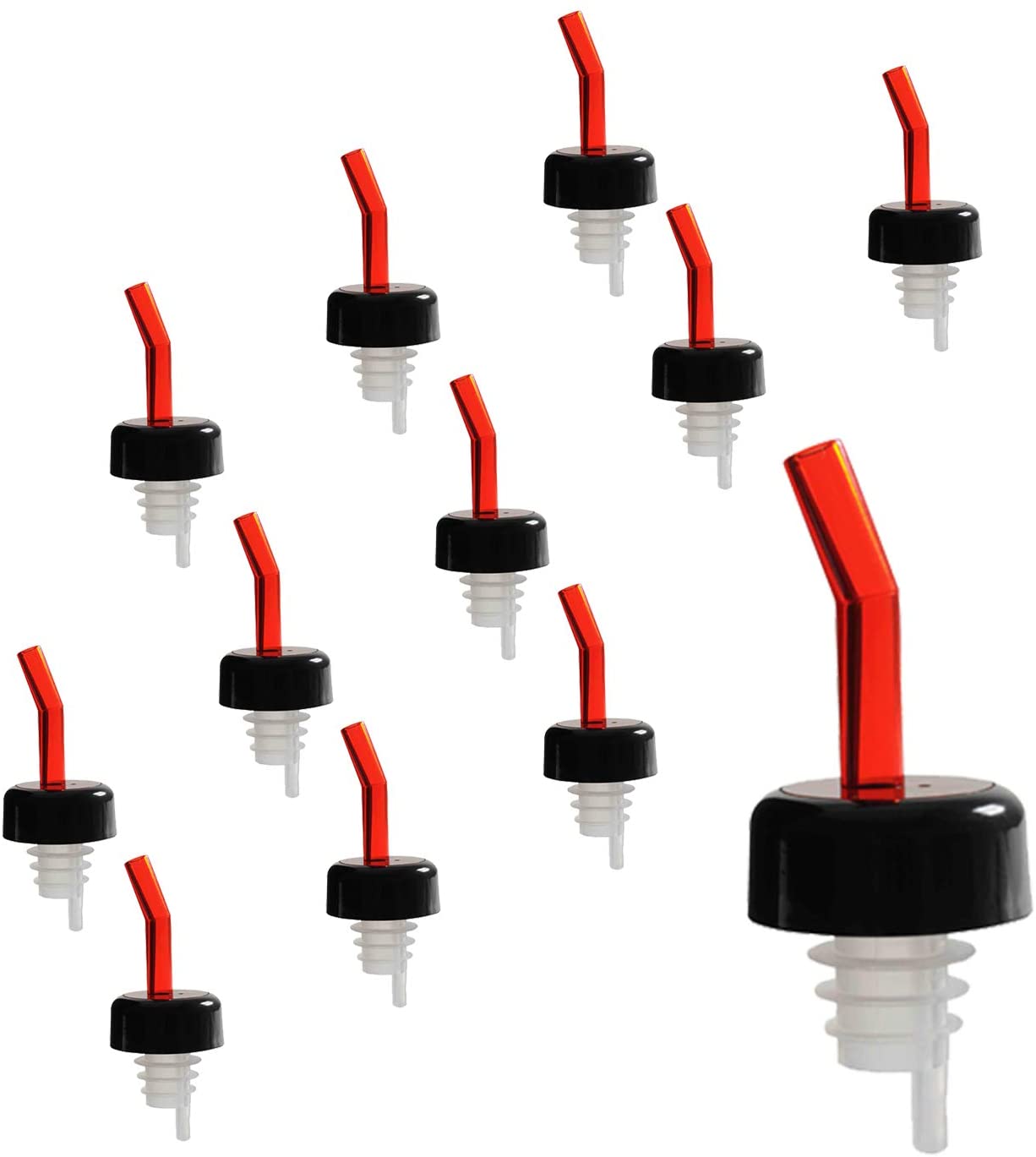 Even Flow Bottle Pourer With or Without Black Collar and Black, Clear, or Red Head, With Clear Tail, Barware 12 Pieces