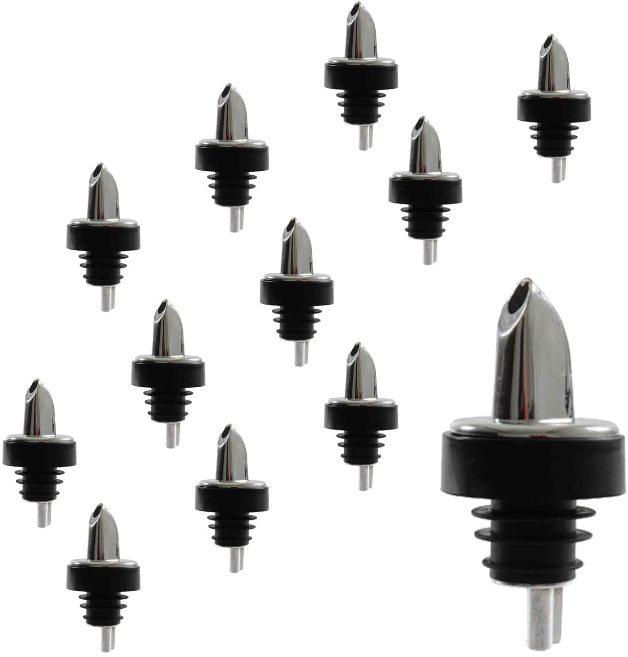 Chrome, Silver Free Flow Bottle Pourer with or without Collar, Barware (12 Pieces)