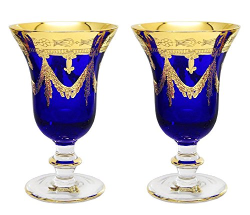 Interglass Italy Blue Crystal Wine Glasses, 24K Gold-Plated (Wine Goblets) Set of 2, 6, or 12