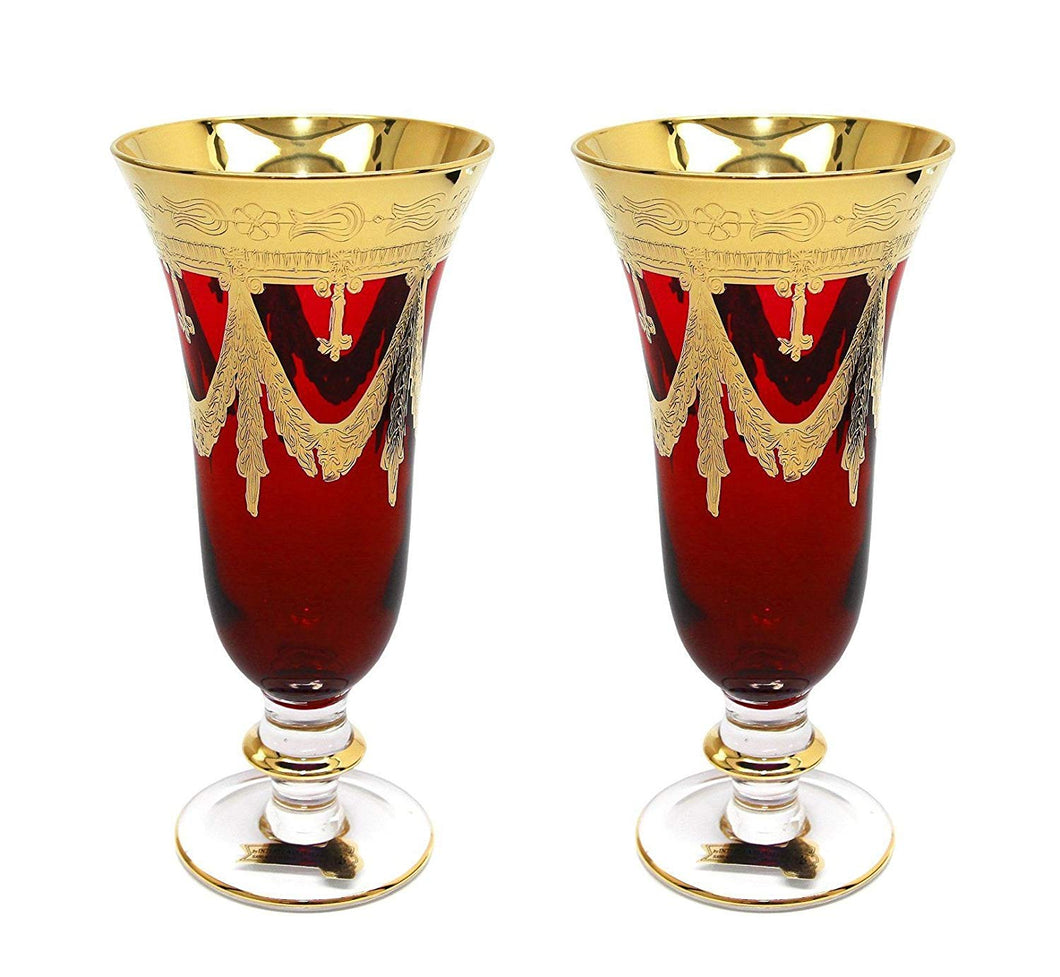 Interglass Italy Red Crystal Champagne Glasses, Vintage Design Set of 2, 6 or 12