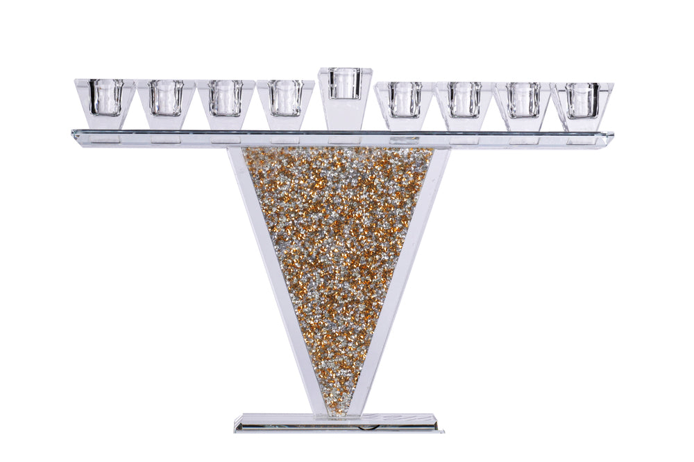 (D) Judaica Crystal Triangle Menorah with Stones (Silver Gold)