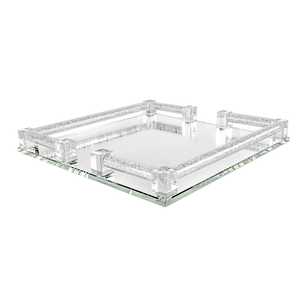 (D) Judaica Crystal Mirror Tray with Inner Diamonds Square 9