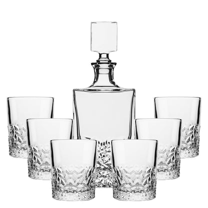 (D) Detailed Designed Crystal Decanter 23.7 Oz with 6 Cups 10.5 Oz Set