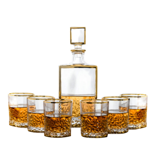 (D) Detailed Designed Crystal Decanter 23.7 Oz with 6 Cups 10.5 Oz Set