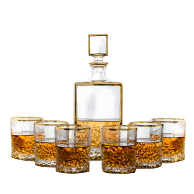 (D) Judaica Detailed Designed Crystal Decanter 23.7 Oz with 6 Cups 10.5 Oz Set (Gold)