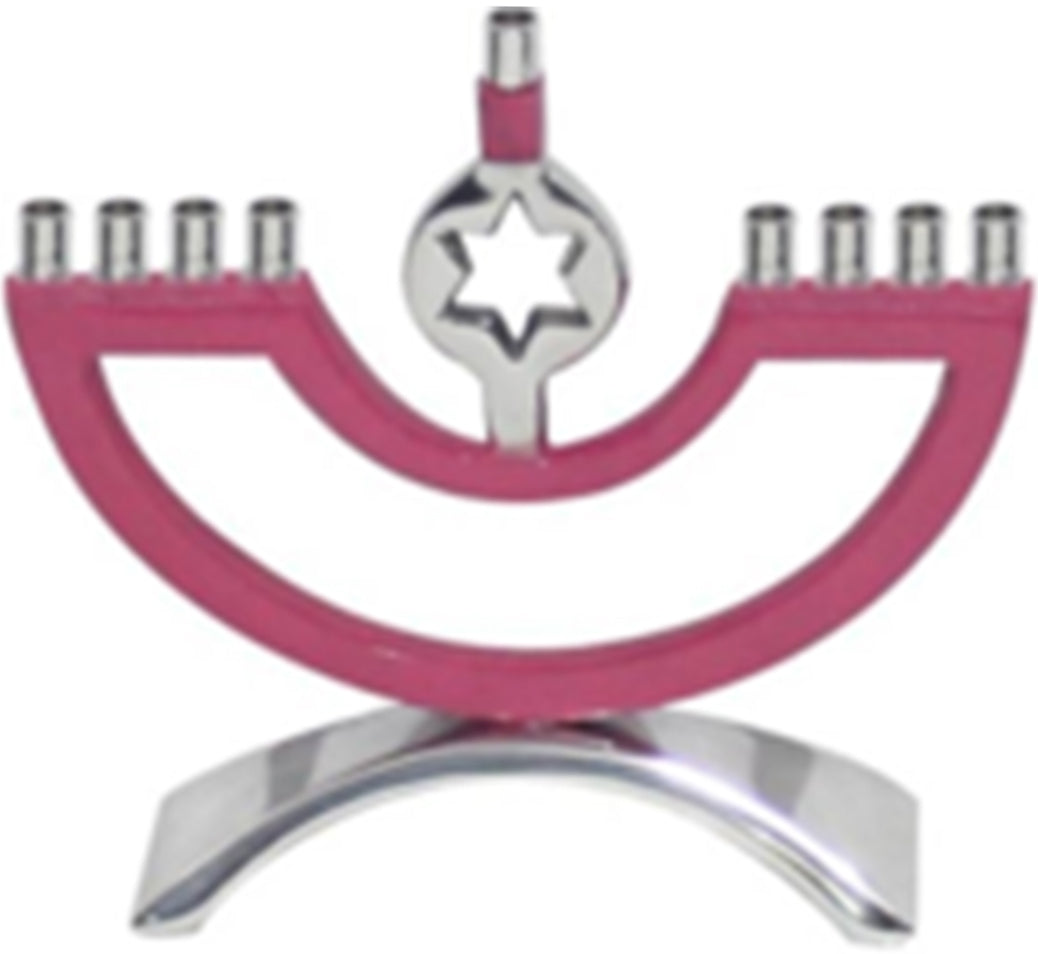 (D) Judaica Metal Enamel Candle Holder Menorah with Star of David (Pink)