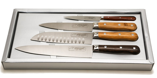 (D) Laguiole French Hand Made 4pc Kitchen Knives Set Mixed Woods in Box, Vintage