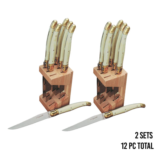 (D) Knife Block Set - Steel Steak Knives - Flatware Set Laguiole France 2 PACK (Ivory)