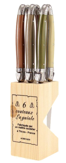 (D) Laguiole French Hand Made Steak Knives Ivory in Wooden Block 6-pc, Vintage (Mineral)