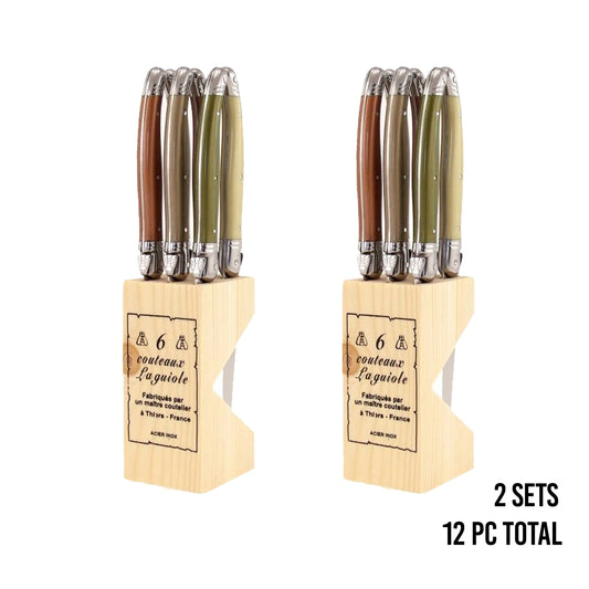 (D) Knife Block Set - Steel Steak Knives - Flatware Set Laguiole France 2 PACK (Mineral)