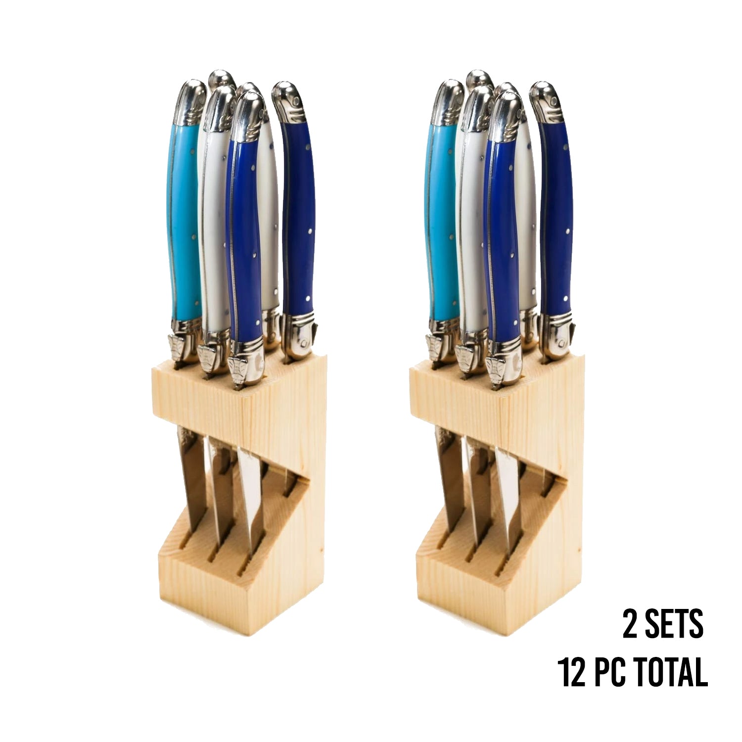 (D) Laguiole Steak Knives Set of 6 Serrated Stainless Steel in a Block (Blue)