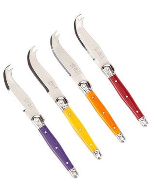 (D) Laguiole French Hand Made 4 Multi-Color Cheese Knives in Box, Vintage