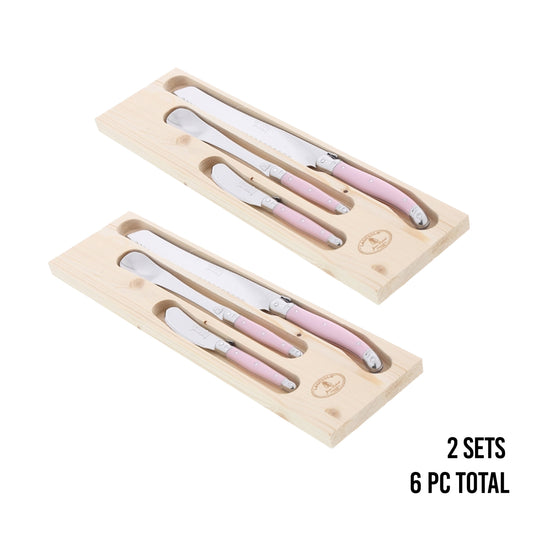 (D) Laguiole Flatware Breakfast Set, Dinner Knives and Jam Spoon 2 PACK (Pink)