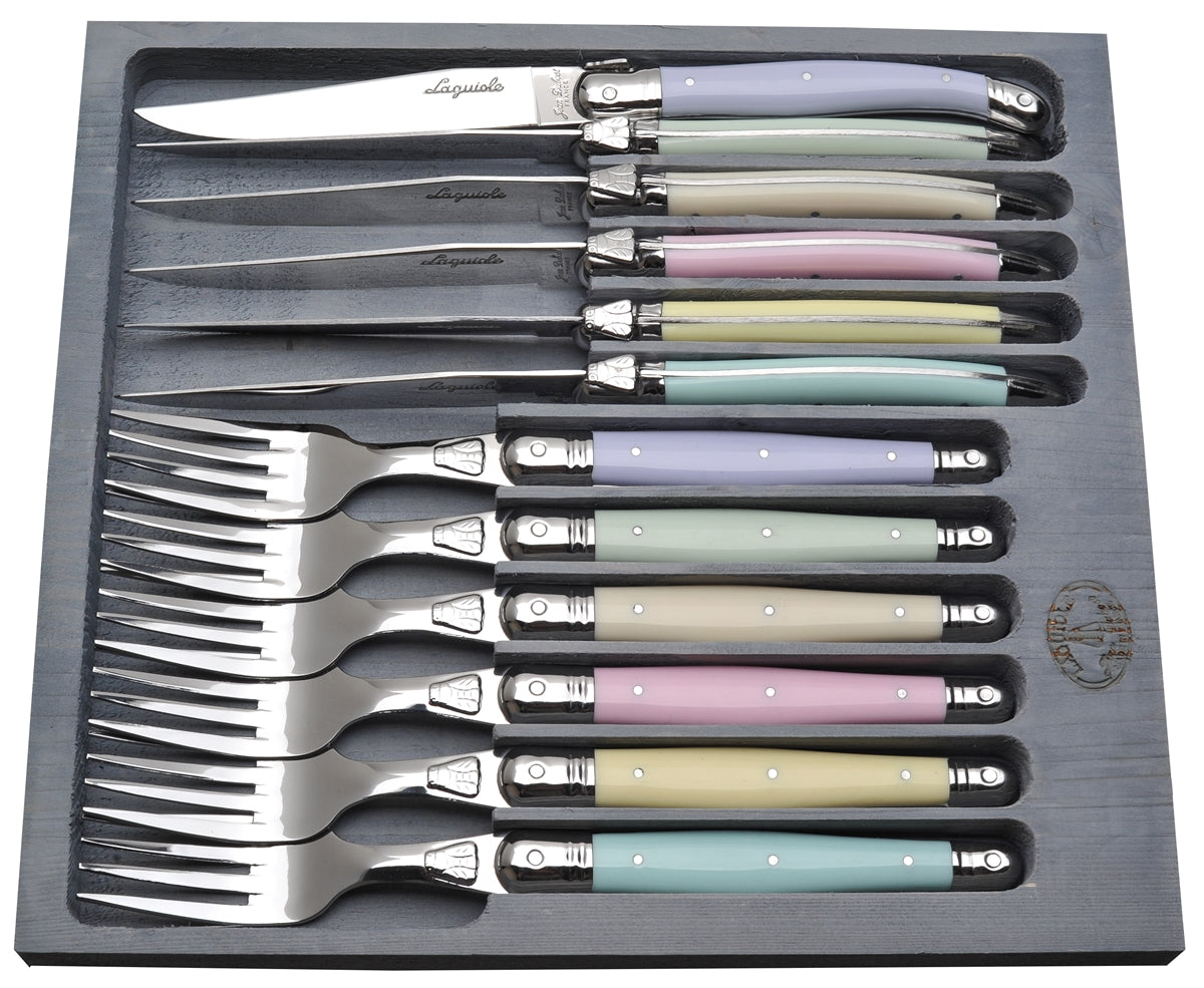 (D) Laguiole Flatware French Hand Made 12pc Cutlery Set Vintage (Pastel)