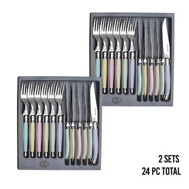 (D) Laguiole Flatware French Hand Made 12pc Cutlery Set in a Box 2 PACK (Pastel)