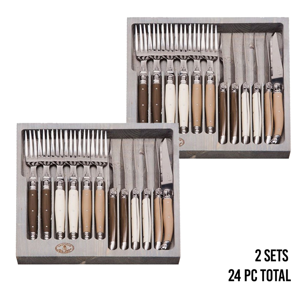 (D) Laguiole Flatware French Hand Made 12pc Cutlery Set in a Box 2 PACK (Linen)
