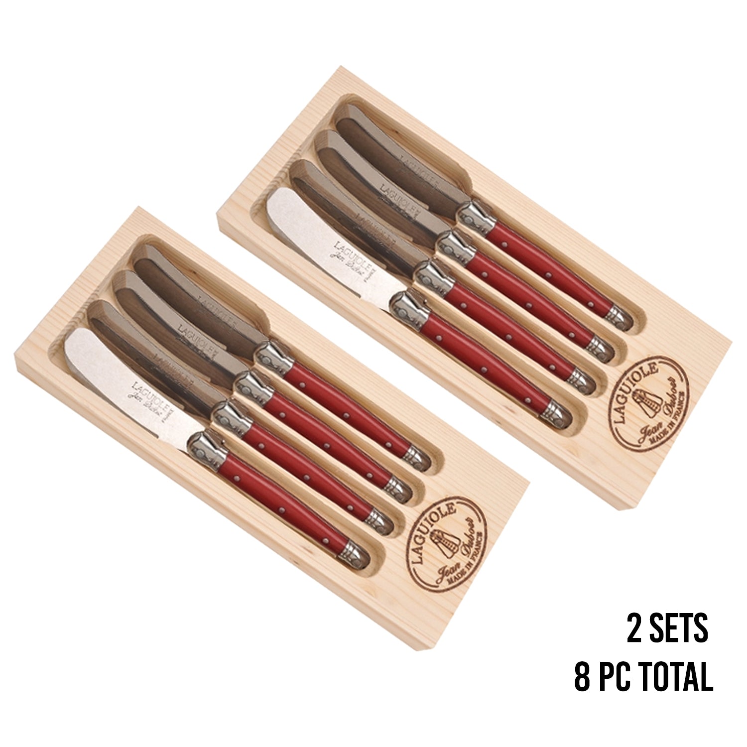 (D) Laguiole Hand Made French 4 Spreaders in Wooden Box Vintage 2 PACK (Red)
