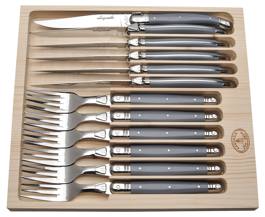 (D) Laguiole Jean Dubost Flatware, 12-pc Cutlery Set in a Tray (Gray)