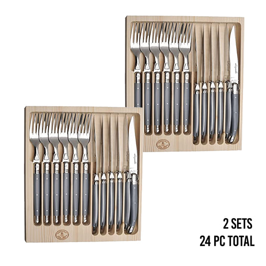 (D) Laguiole Jean Dubost Flatware, 12pc Cutlery Set in a Tray 2 PACK (Gray)