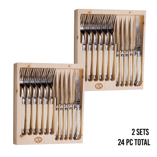 (D) Laguiole Jean Dubost Flatware, 12pc Cutlery Set in a Tray 2 PACK (Ivory)