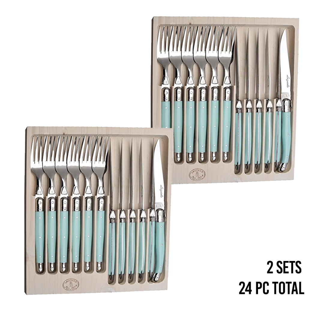 (D) Laguiole Jean Dubost Flatware, 12pc Cutlery Set in a Tray 2 PACK (Turquoise)