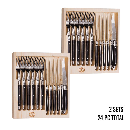 (D) Laguiole Jean Dubost Flatware, 12pc Cutlery Set in a Tray 2 PACK (Black)