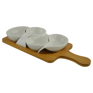 (D) Serving Set for Snacks 13.5 x 6 White Bowl Dip Set on a Brown Tray