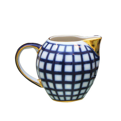 (D) Royalty Porcelain Lomonosov Cobalt Blue Check Creamer 3.5'' H