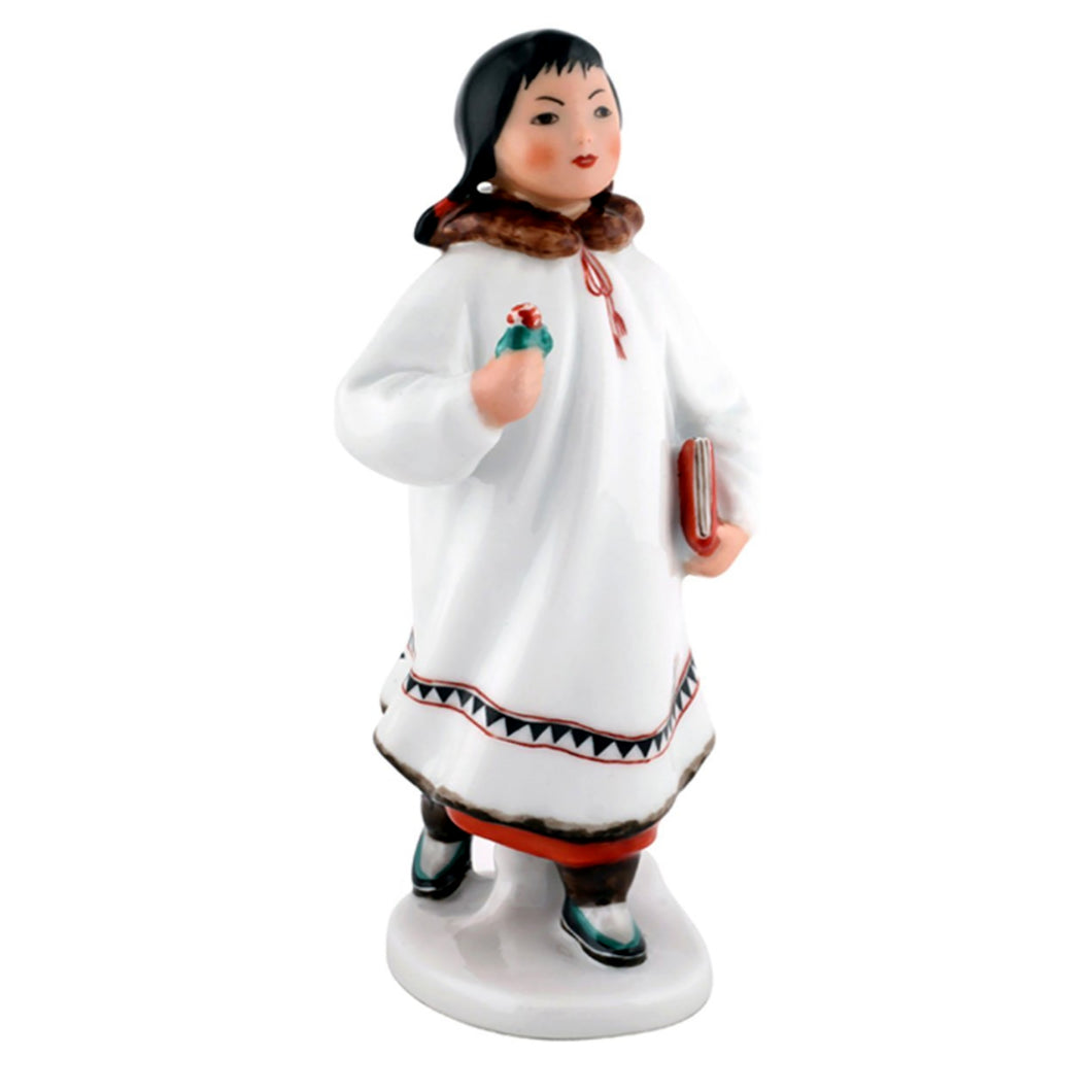 (D) Royalty Porcelain Lomonosov Figurine Yakut Alaska Girl in White 7''