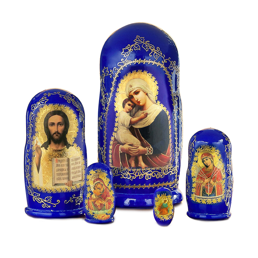 (D) Religious Gifts Russian Souvenirs Blue Icon Nesting Dolls Matryoshka Set 5pc