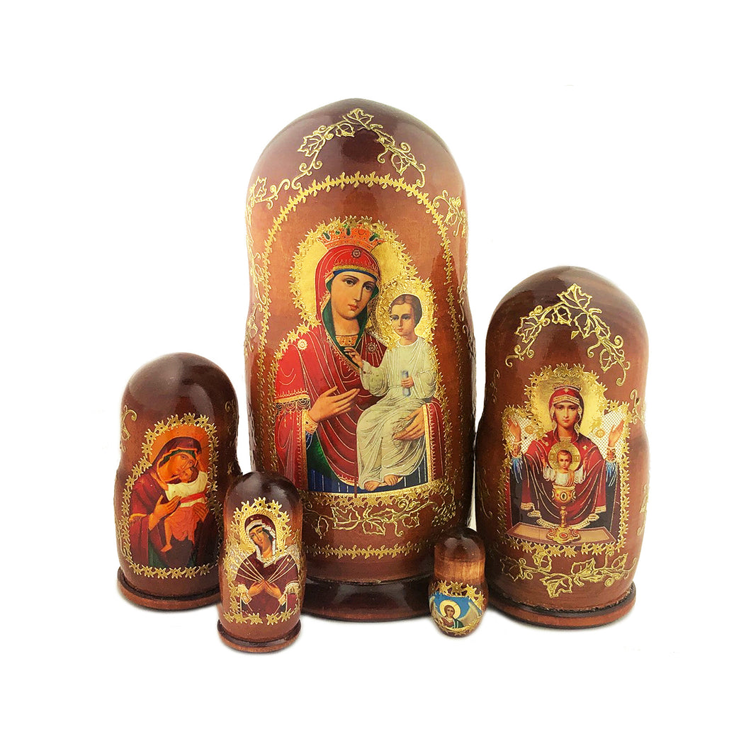 (D) Religious Gifts Brown Gold Matryoshka Icon Dolls Set 5pc