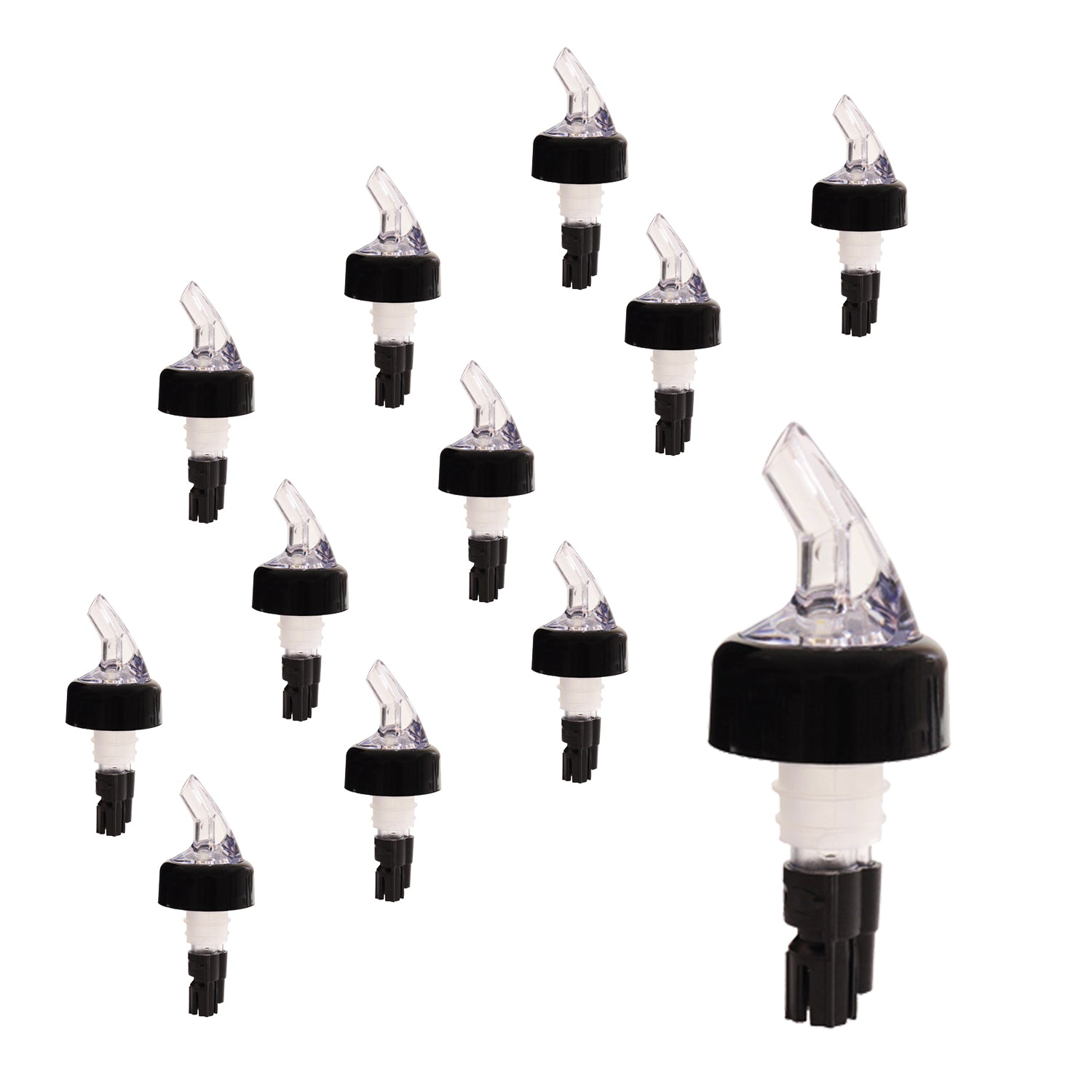 Measured Liquor Pourers in Various Pour Sizes and Specific Tail Colors With or Without Black Collar, Barware (12 Pieces)