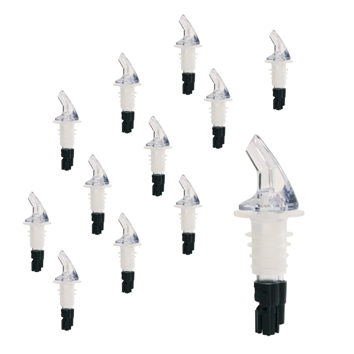 Measured Liquor Pourers in Various Pour Sizes and Specific Tail Colors With or Without Black Collar, Barware (12 Pieces)