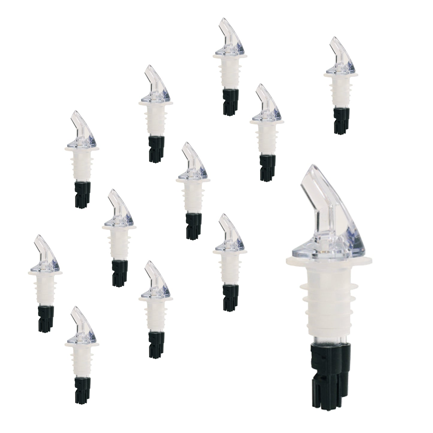 Measured Liquor Pourers in Various Pour Sizes and Specific Tail Colors With or Without Black Collar, Barware (12 Pieces)