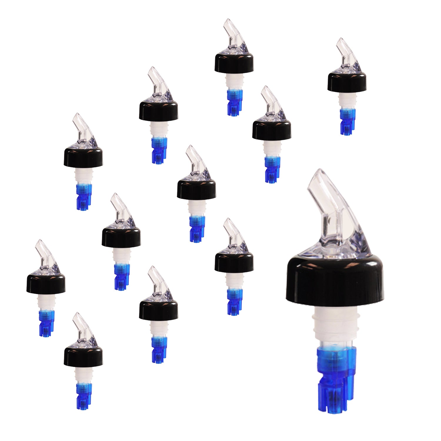 Measured Liquor Pourers in Various Pour Sizes and Specific Tail Colors With or Without Black Collar, Barware (12 Pieces)