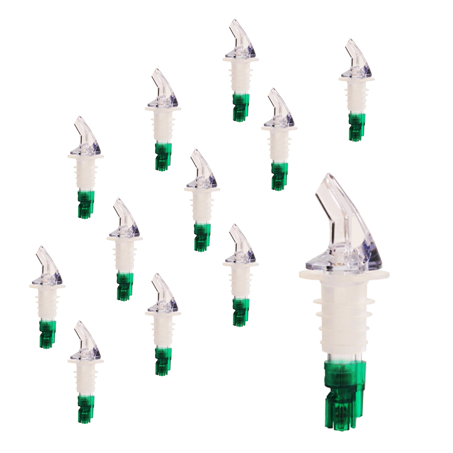 Measured Liquor Pourers in Various Pour Sizes and Specific Tail Colors With or Without Black Collar, Barware (12 Pieces)